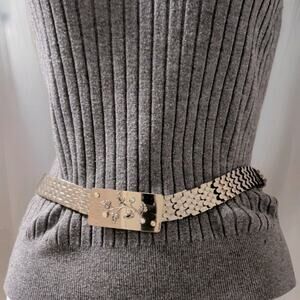 Vintage Silver Metal Stretch Belt, Rhinestones Decor On Buckle 27 To 35 Inches